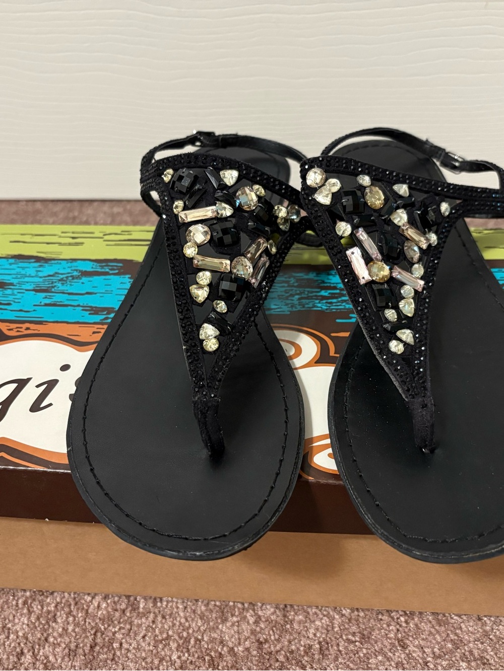 Zigi Soho Black Jeweled T-Strap Sandals - Picture 2 of 9